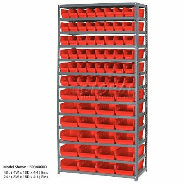 Global Industrial Steel Shelving with 96 4inH Plastic Shelf Bins Red, 36x18x72-13 Shelves 603448RD